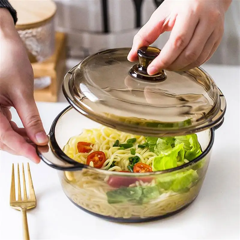 

1pc Dual Handle Glass Food Bowl Practical Reliable Salad Bowl Glassware For Home Use Tableware Bowl Food Container Dinnerware