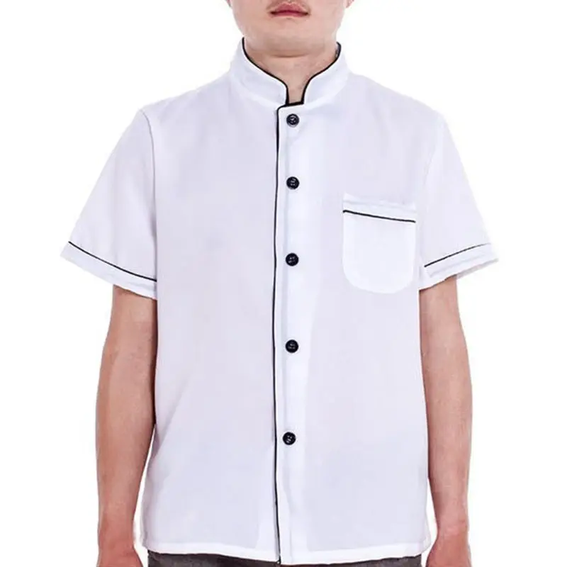 

Unisex Short Sleeve Single Breasted Button Down Stripes Chef Jacket Working Coat