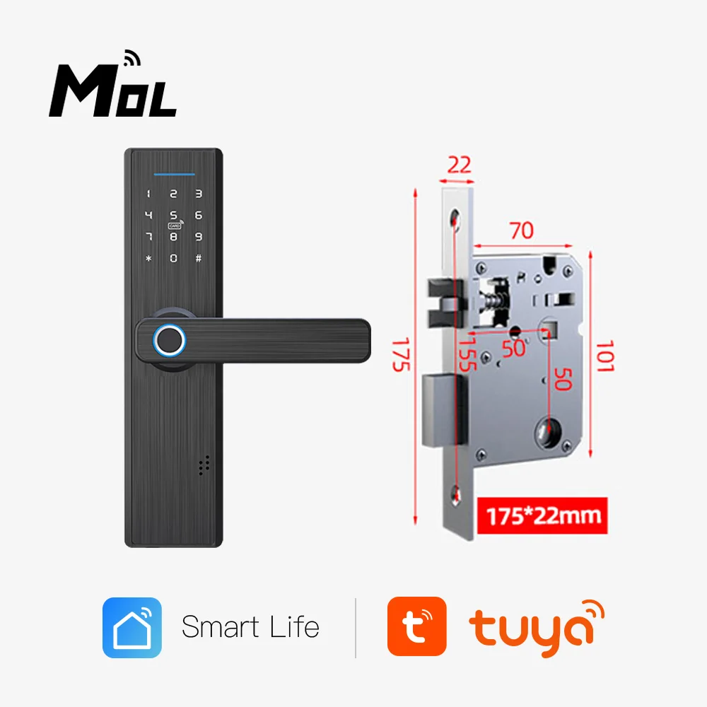 

Tuya Wifi X1 22*175 BLACK Electronic Door Lock Security With Tuya Remotely/Biometric Fingerprint/Smart Card/Password/Key Unlock