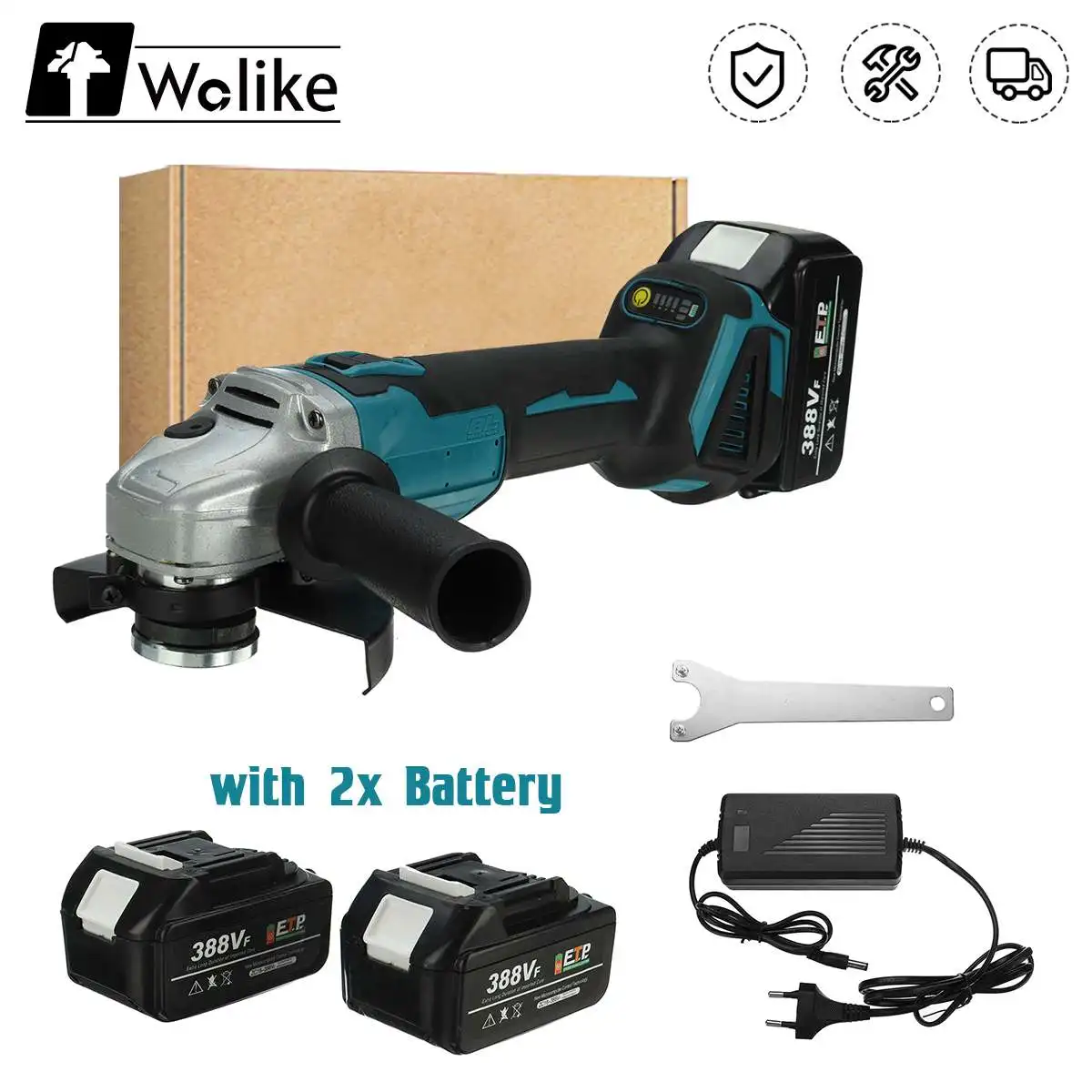 Wolike 388VF 125mm Cordless Electric Angle Grinder Cutting Machine Power Tool 15000Mah Lithium-Ion Battery 4 Speed DIY Machine