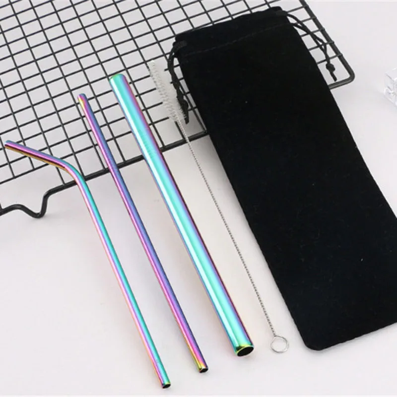 Colorful 5 шт многоразовые соломинки из нержавеющей стали, экологически чистая металлическая соломинка, изогнутая прямая соломинка для напитков, чистящая щетка, аксессуары для бара - Цвет: Colorful