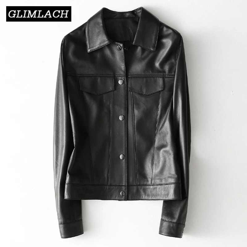Женская однобортная кожаная куртка повседневная короткая из 100% натуральной