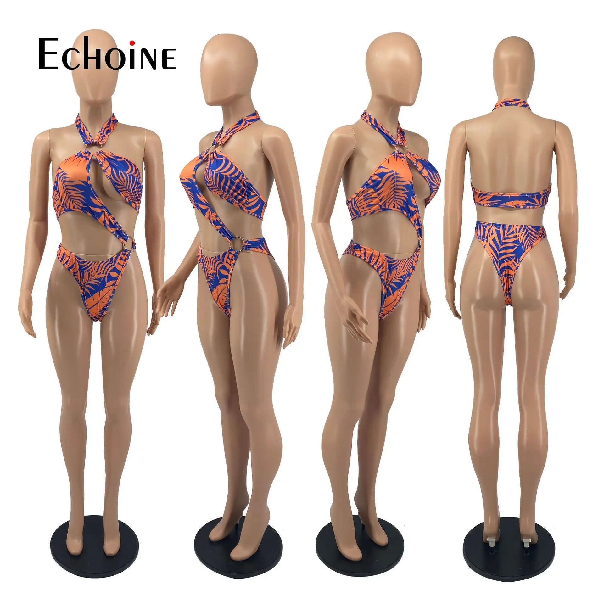

Echoine Women Print Swimsuit Sports Bikini Halter Hollow Out Fitness One Piece Bathing Suit Beachwear Sexy jump suits Tracksuits