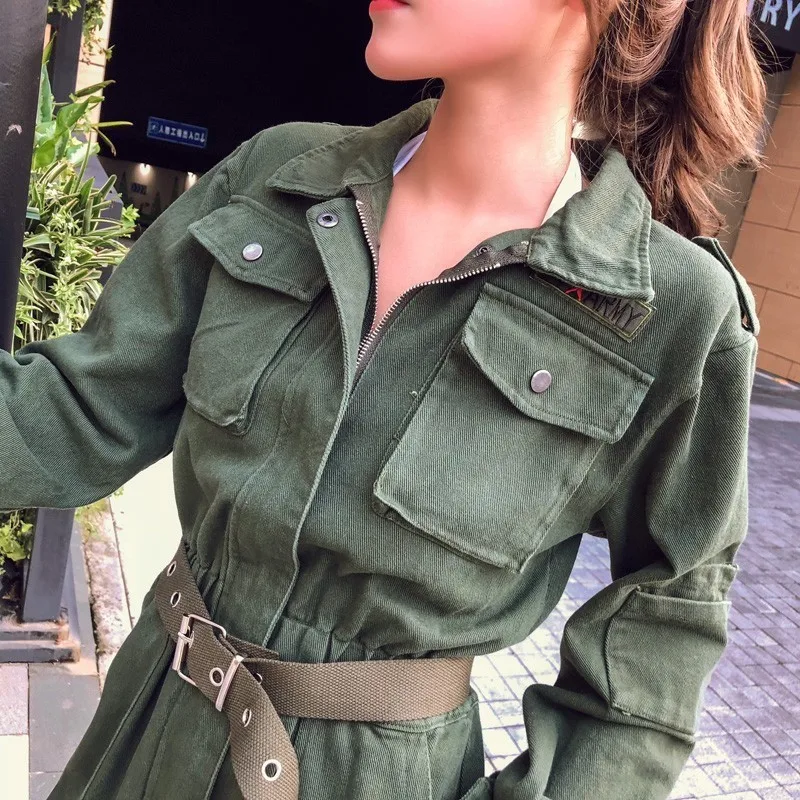 Women Vintage Workwear Slim Jeans Jumpsuit High Waist Street Wear belt Romper Army Green Denim Overalls Cowboy Work Suit