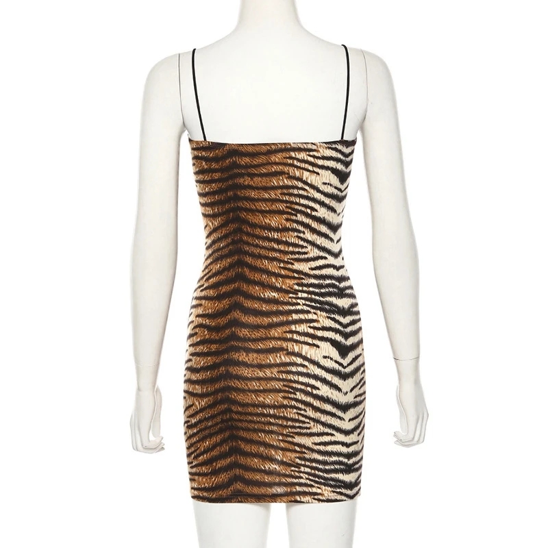 

Lyprerazy Women Sexy Bodycon Spaghetti Strap Sleeveless Party Club Dress Leopard/ Tiger Pattern Print Short Mini Dresses