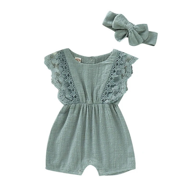 Summer Baby Girl Rompers Newborn Baby Solid Lace Design Romper Clothes Toddler Flare Sleeve Jumpsuit With Headband One-Pieces