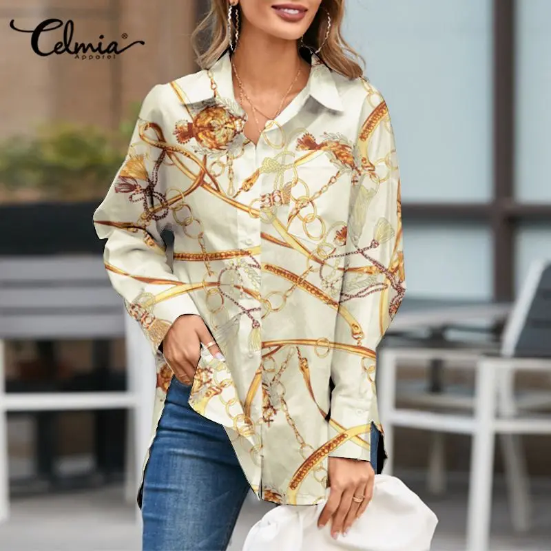 

Celmia Women Fashion Oversize Long Shirts Vintage Printing Back Split Button Up Asymmetrical Tops 2021 Autumn Long Sleeve Blouse