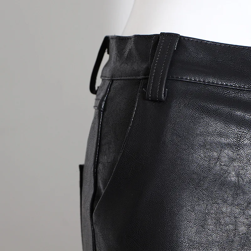 2020 New Color Contrast Plaid Women's Cropped Trousers PU Leather Asymmetrical Slim High Waist Women's Straight Casual Pants