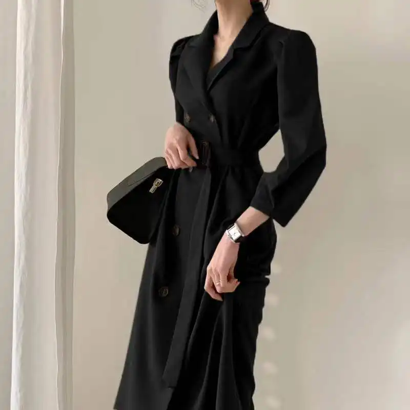 

Платье-блейзер цвета хаки с длинным рукавом, Модная приталенная двубортная офисная одежда, Повседневное платье с поясом и английским ворот...