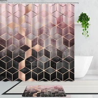 marble shower curtain pink ombre waterproof colorful geometric grid bathroom decor sets bathtub curtains and non slip bath mat