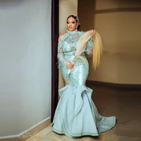 chic mint halter lace appliques tassel long mermaid aso ebi prom dresses with feathers sexy see thru bust satin evening dress