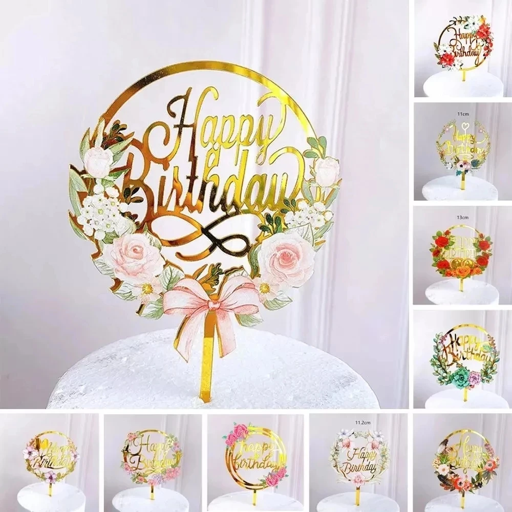 

Happy Birthday Cupcake Toppers Colored Flowers Acrylic Cake Topper Party Decorations For Kids Party Dessert Baking Supplies
