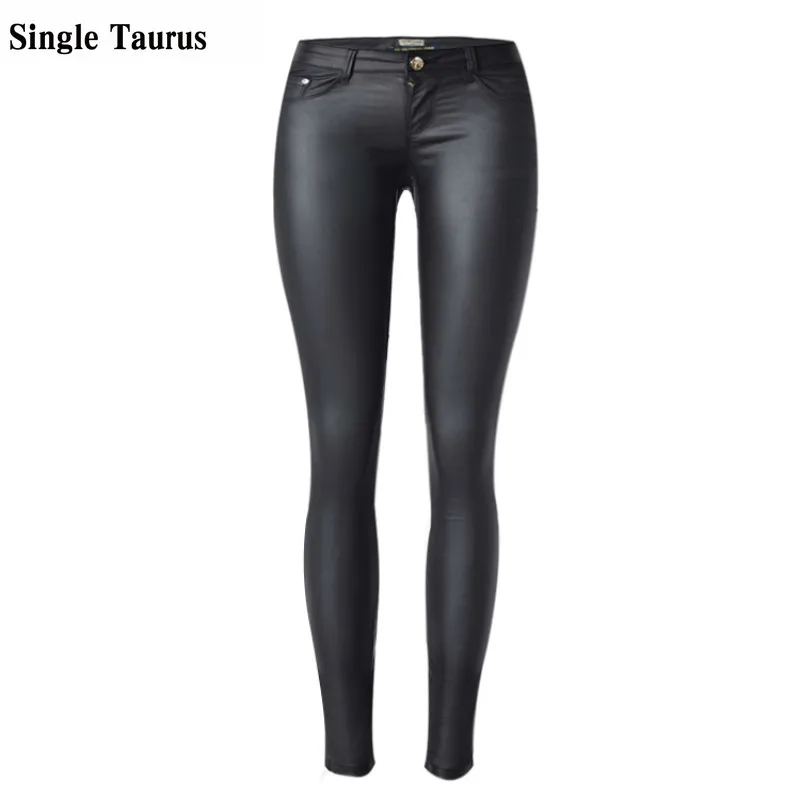 Узкие женские джинсы из искусственной кожи с заниженной талией сексуальные
