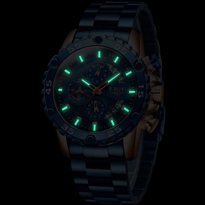 Модные мужские часы с большим циферблатом синего цвета из стали Топ бренд