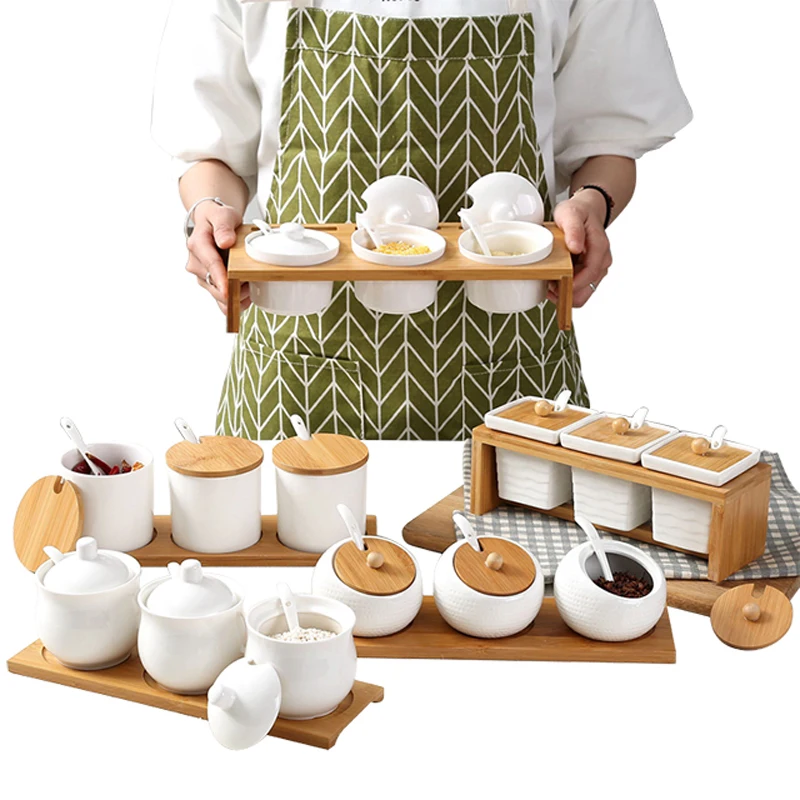 Ceramic Condiment Storage Jar Kitchen Seasoning Tank Household Pot Bamboo Tray Spice Soy Sauce Box Salt Sugar Can | Дом и сад