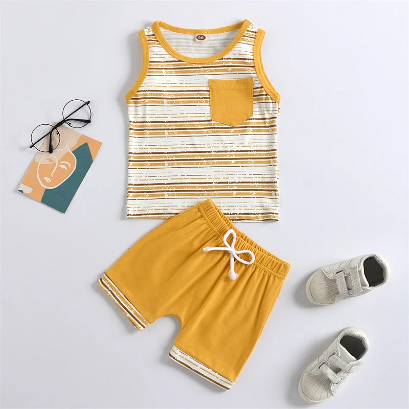 

Toddler Infants Baby Boys 2Pcs Outfit Set Sleeveless Striped O-Neck T-Shirts +Shorts Set For 1-5 Years Old Boys Clothing Summer