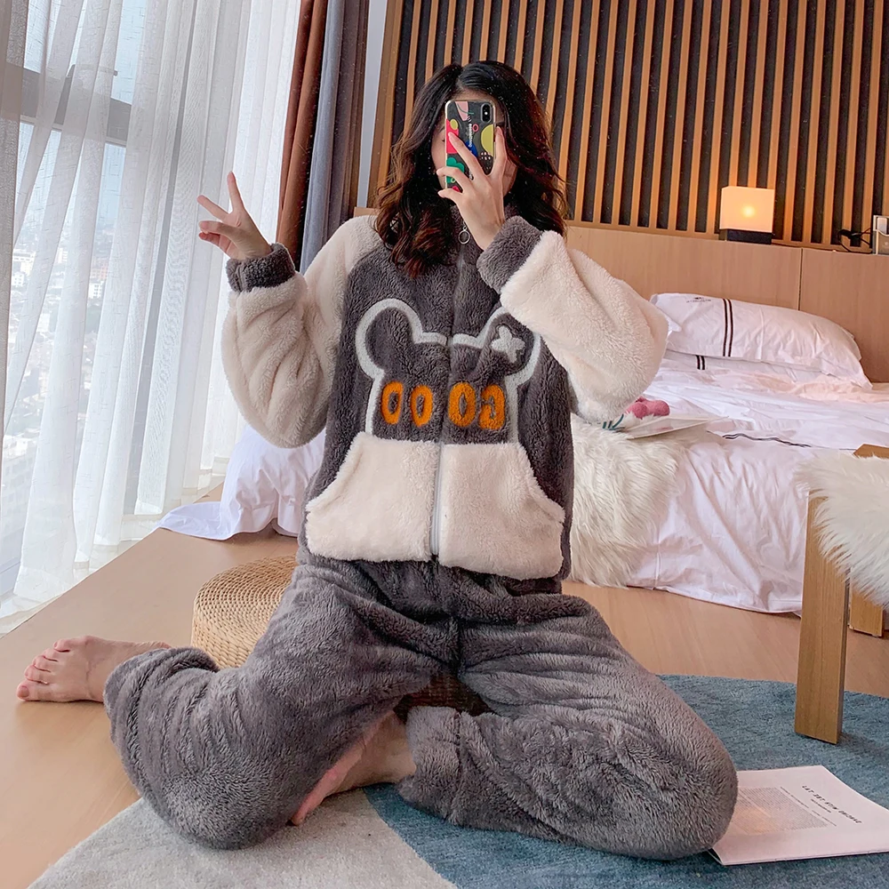 5XL размера плюс женские зимние утолщенные теплые фланелевые пижамы комплекты с