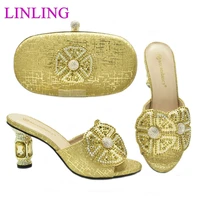 2021 hot selling italian design flower style colorful crystal decoration golden color party women shoes and bag set