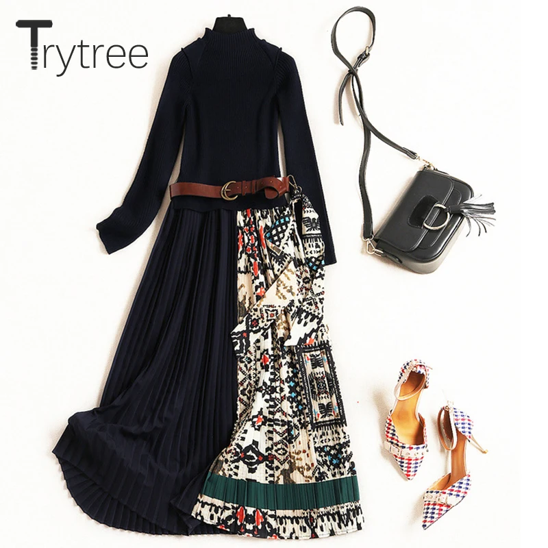 Осеннее женское Повседневное платье Trytree с круглым вырезом вязаное Модное