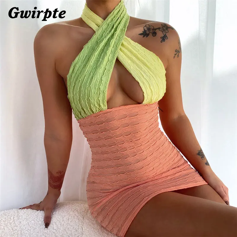 

Gwirpte 2021 Halter Hollow Out Sexy Mini Dress Summer Women Skinny Sleeveless Backless Elegant Club Party Dresses