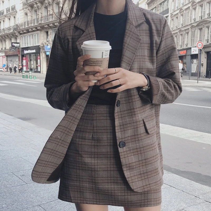 

Women's Suit Women's Professional Suits Single Breasted Suit Jacket & Pencil Skirt Plaid Skirt 2 Pieces Ladies Business Suit