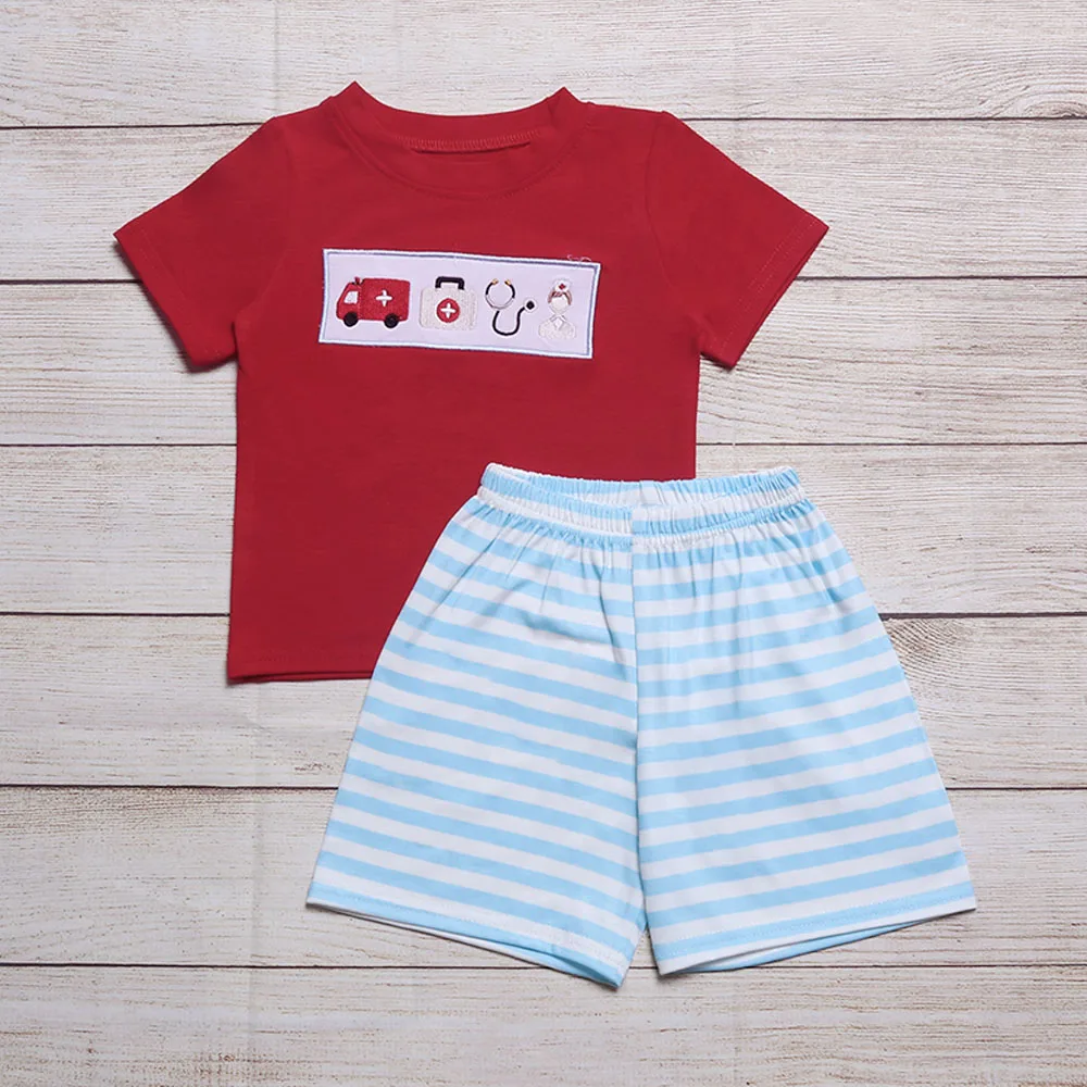 

Summer Clothes Red Short Sleeve Top And Blue Striped Shorts Ambulance And Doctor Embroidery Pattern Boys Clothes