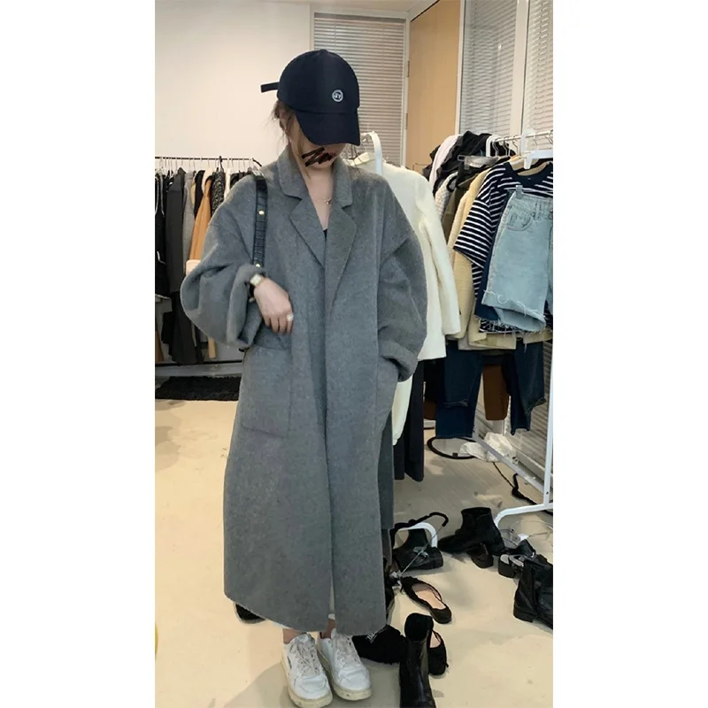 

Heygirl Black Albaca Handmade Double-sided Cashmere Coat Women's High Sense Medium Long Wool Coat