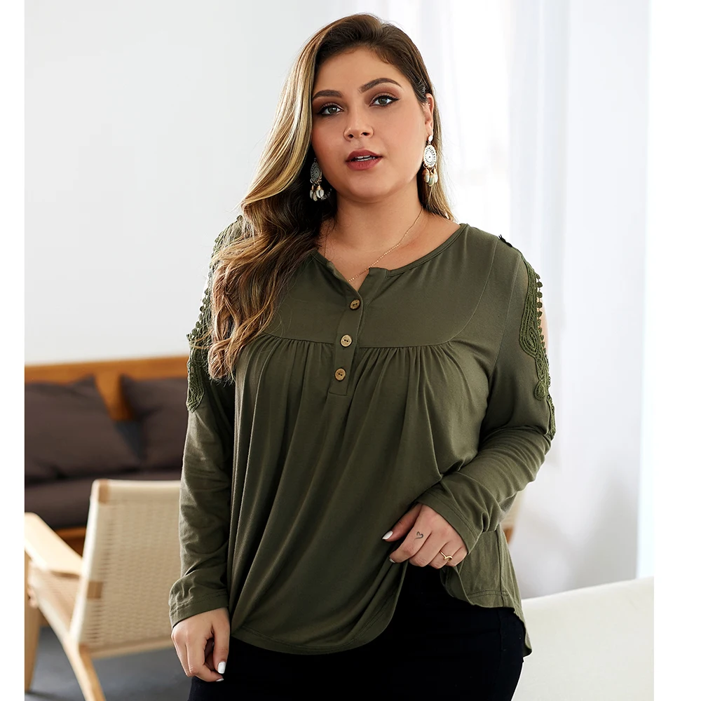 Женская футболка с круглым вырезом кружевная простроченная большого размера