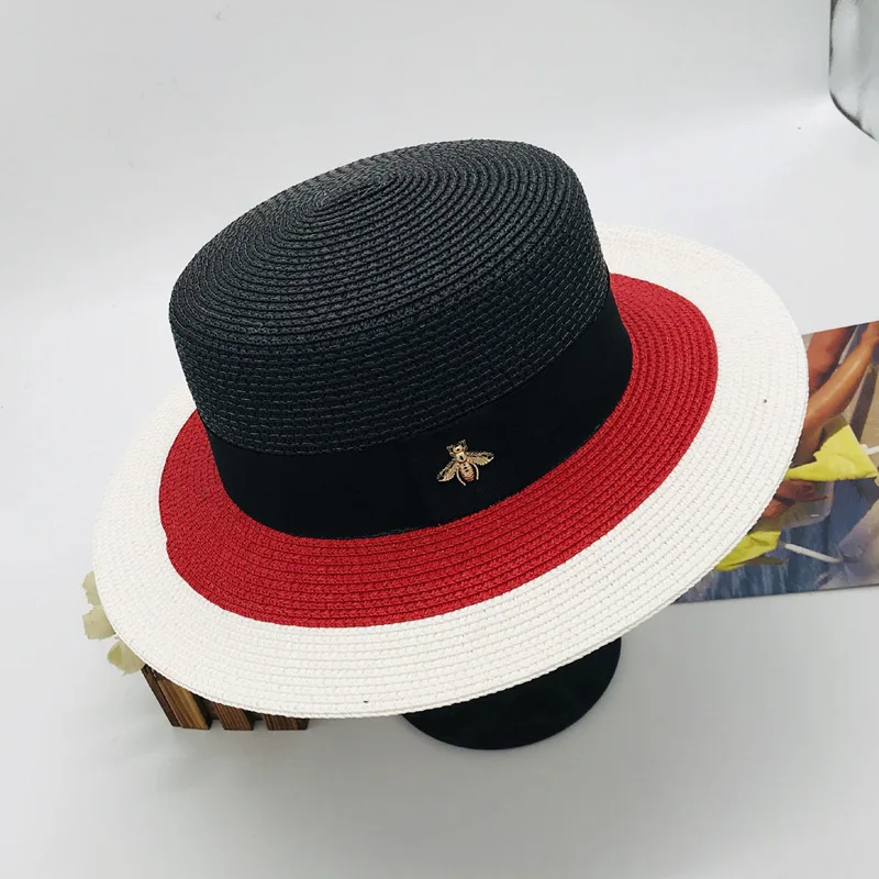 

2020 Fashion Bee Summer Sun Hat For Women Natural Crochet Straw Hat With Ribbon Flat Hat Summer Travel Beach Hats