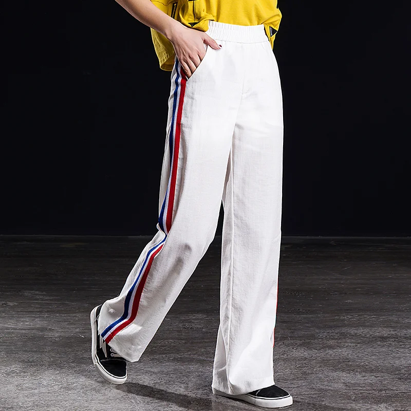 Shangege женские белые боковые полосы высокая эластичная талия широкие ноги модные