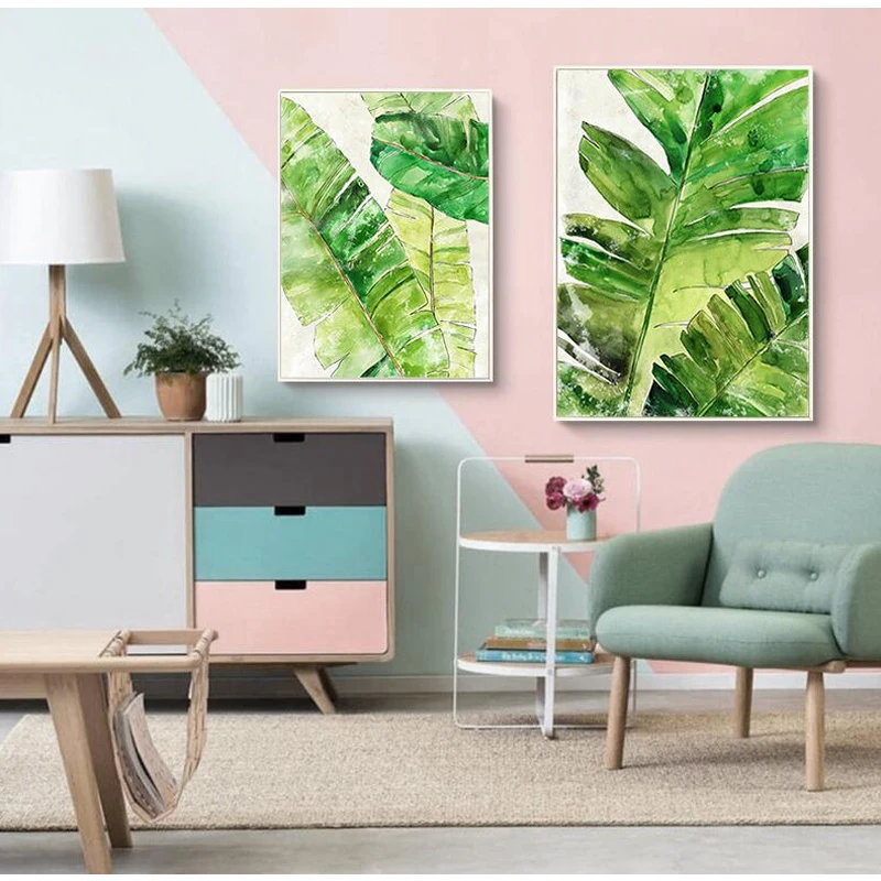 Watercolor Tropical Plant Green Leaves Canvas Painting Art Print Poster Picture Wall Modern Minimalist Bedroom Living Room Décor | Дом и сад