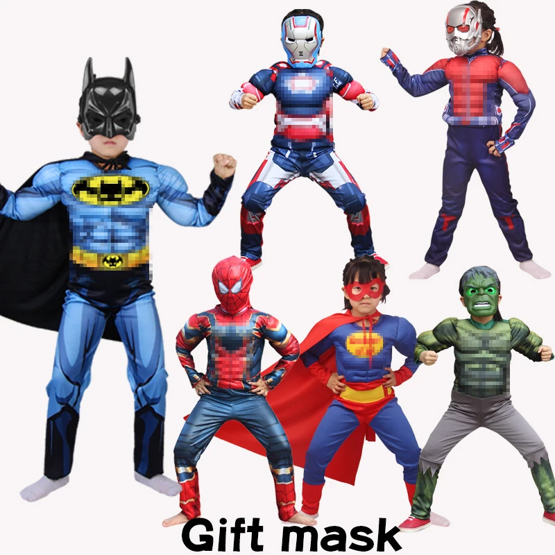 

Halloween Kids Super Heroes Glowing Mask Clothes Jumpsuit Spiderboy Hulks Thors Muscle Party Cosplay Costumes Christmas Gift Boy