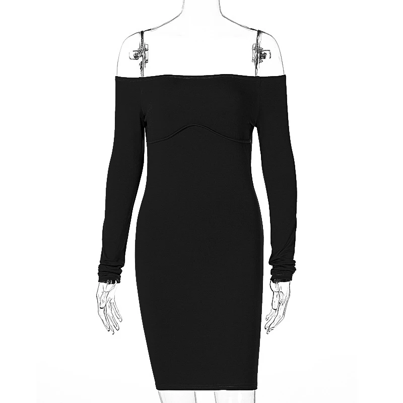 

2021 Spring Sexy Mini DressLong Sleeve Slash Neck Solid Skinny Women Fashion Party Club Elegant Outfits Black Brown