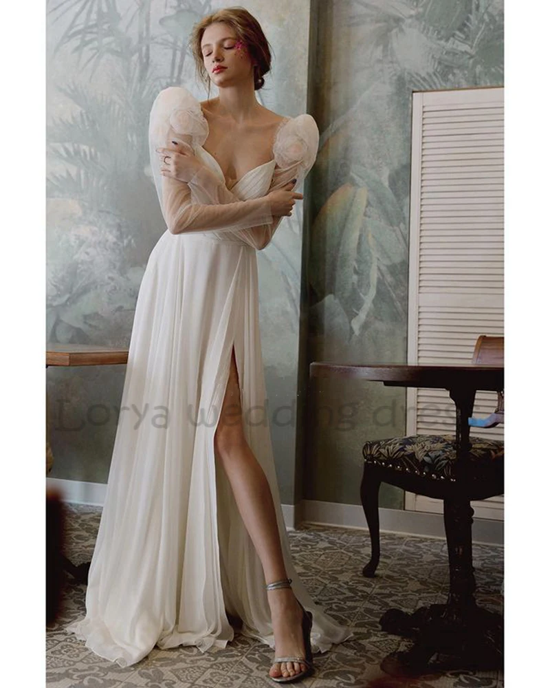 

2022 Elegant Wedding Dress V Neck Long Sleeves Bride Gown Side Split Pleated Chiffon Princess Dresses Vestidos De Noiva