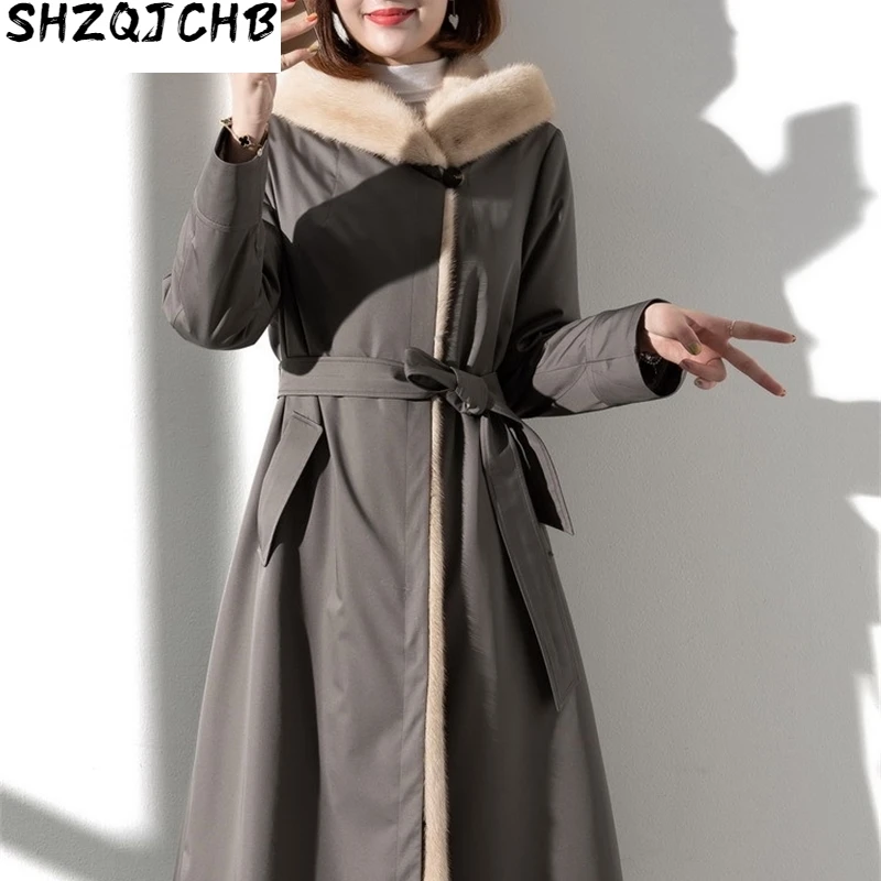 

JCHB 2021 Women Parkas Real Mink Fur Coat Female Long Winter Jacket Women Warm 100% Mink Fur Lining Abrigos Mujer Invierno MJQ1