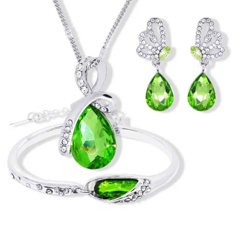 QiLeSen/925 Sterling Silver Necklace Earring Bracelet / Ladies Set Green Crystal Wedding Engagement Jewelry S092 | Украшения и