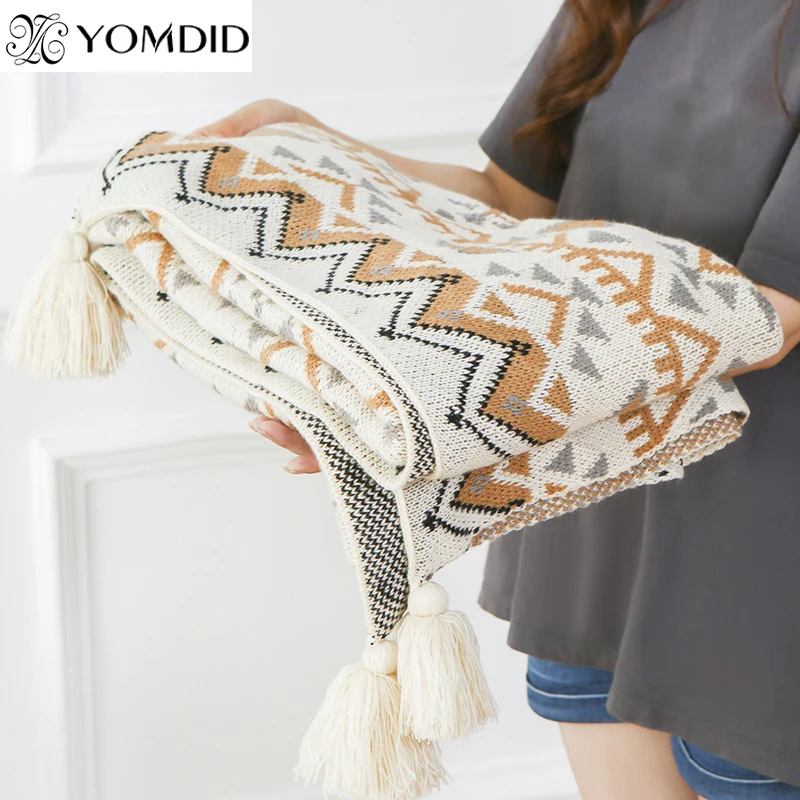 

Bohemian Knitted Chair Lounge Tapestry Bed Geometric Blanket Bedspread Home Napping Boho Shawl Towels Cape Winter Sofa Decor
