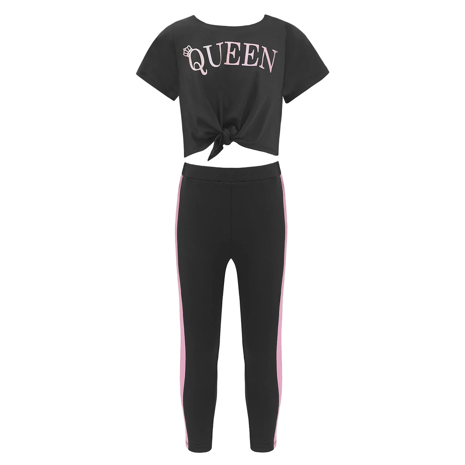 

2Pcs Tracksuit Kids Girls Casual Sport Suit O-Neck Short Sleeves Queen Letters Print Tops and Pants Set Children Sportswear