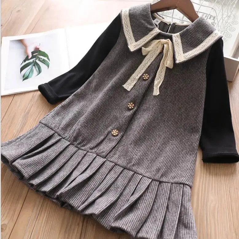 Детские платья для девочек осень 2019 клетчатые кружевные с отложным воротником