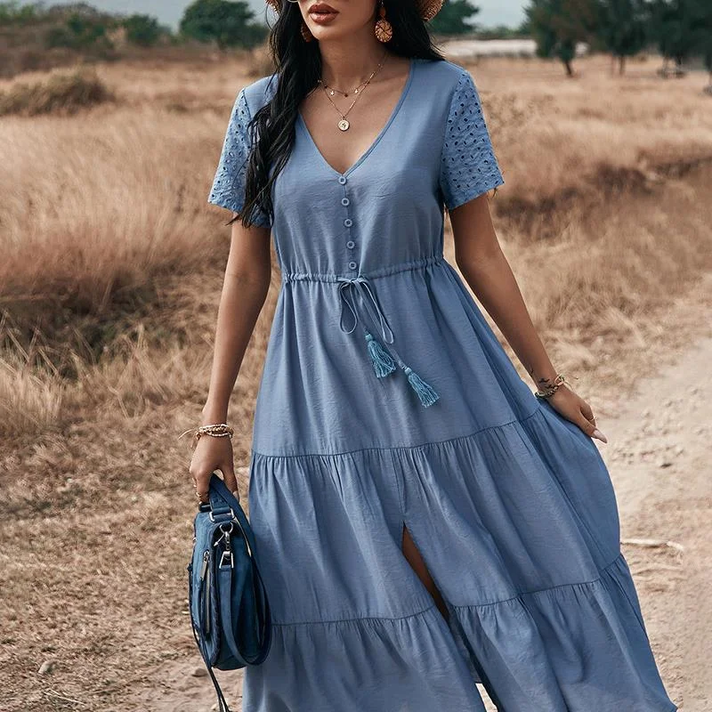 

New Women Dress Boho Loose Solid Midi Dress For Women V Neck High Waist Party Dresses Elegant Short Sleeve Female Dress Woman