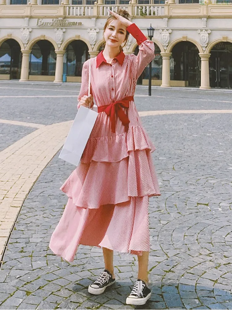 

Платье женское, с высокой талией, полосками и длинным рукавом, весна-осень, 2021