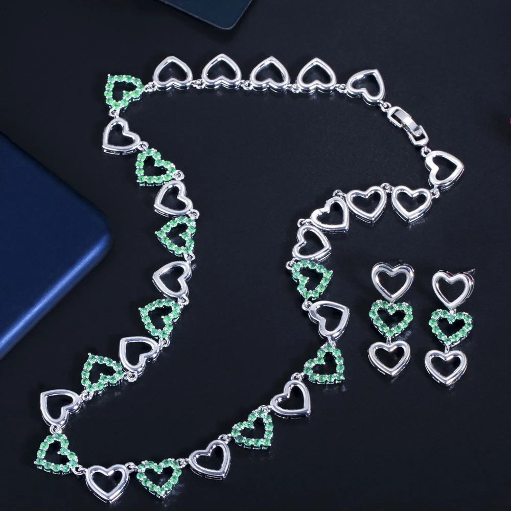 

ThreeGraces Sweet Love Heart Chain Choker Necklace Earrings Women Green CZ Crystal Silver Color Fashion Party Jewelry Set TZ614