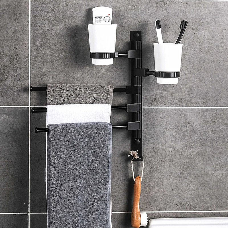 

Black Stainless Aluminum Wall Mounted Towel Bar with 2 Cups Rack Holder Rail Bathroom Rod Accessories Storage Shelf Organizer