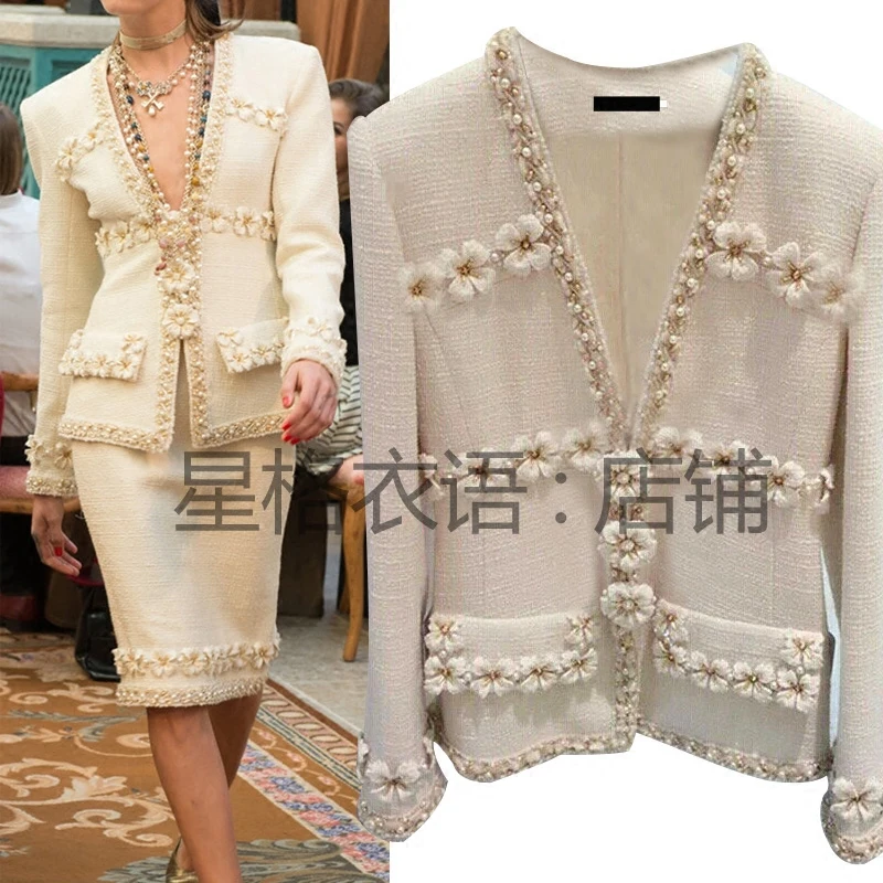 New  small fragrance coat skirt autumn   winter  order pearl wool tweed   Can be customized size