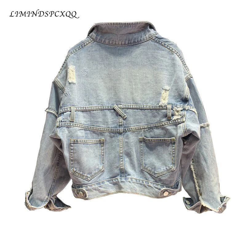 European Style Jean Jacket Women New Retro Light Blue Denim Jacket Spring Coat Pockets Fur Trim Ripped Hole Coat Chaqueta Mujer