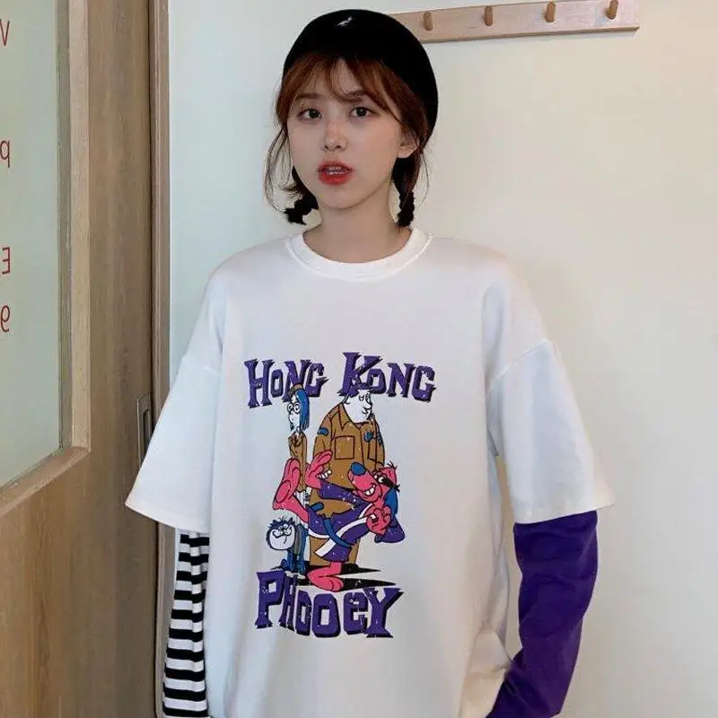 

2021 Cotton T Shirt Women Spring Fashion Contrast Color Striped Long Sleeve Plus Size Undershirt Female Tees Casual Top PD001