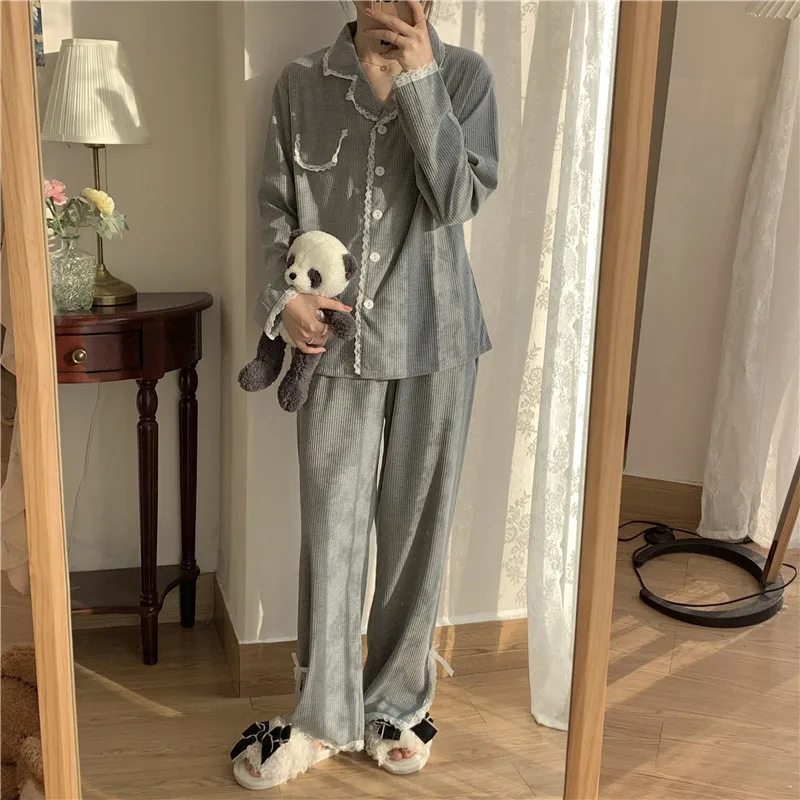 

Korean Style Sleepwear Women 2021 Spring/Autumn Lace Solid Lapel Long Sleeve Pajamas Set Gray Simple Fashion Casual Homewear New