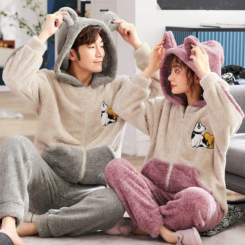 

Coral Couple Pyjamas Home Wear Set Autumn Winter Spring and Autumn Men's Heavy Warm Flannel Women Full Cartoon Polyester Regular