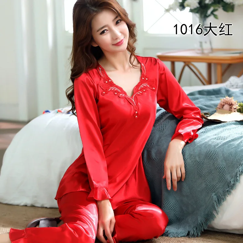 Women's Summer Pajamas Spring and Autumn New Silk Long Sleeve Silk Like Casual Sexy Pajamas Household Women's Wear Sleep Tops