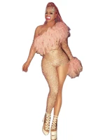 one shoulder asymmetric jumpsuit crystal rhinestone pouf bodysuit women party nightclub dj singer dancer stage costume
